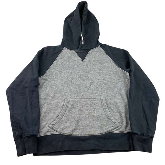 J Crew Vintage Fleece Hoodie Men M Cotton Raglan Pullover V Insert Gray Black - Picture 1 of 8